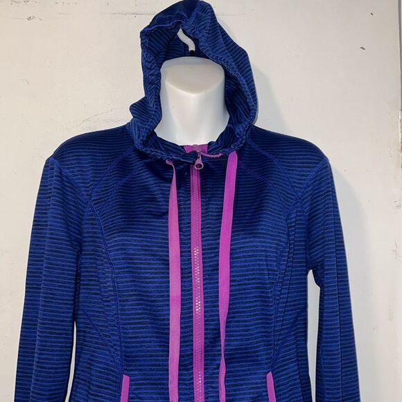 LUKKA Blue and Black Striped Hoodie Full Zip Workout Jacket-S - Picture 2 of 8
